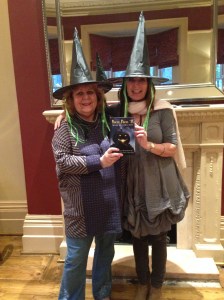 Adrienne and LIzzie at the Belmont with their copy of Hocus Pocus. No comments about them being witches . . . 
